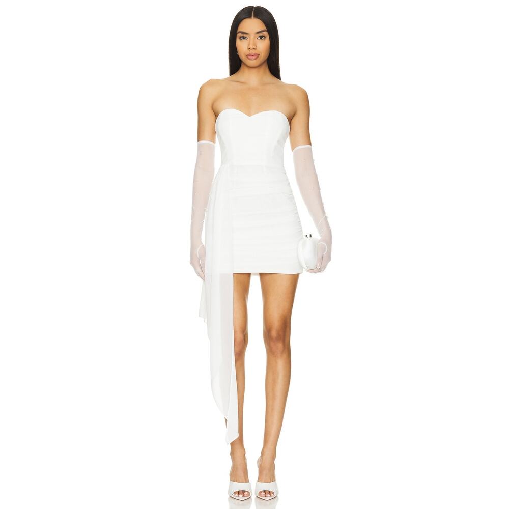 Superdown Alivia Mini Dress Gloves White Sleeveless Strapless Sheer Gloves